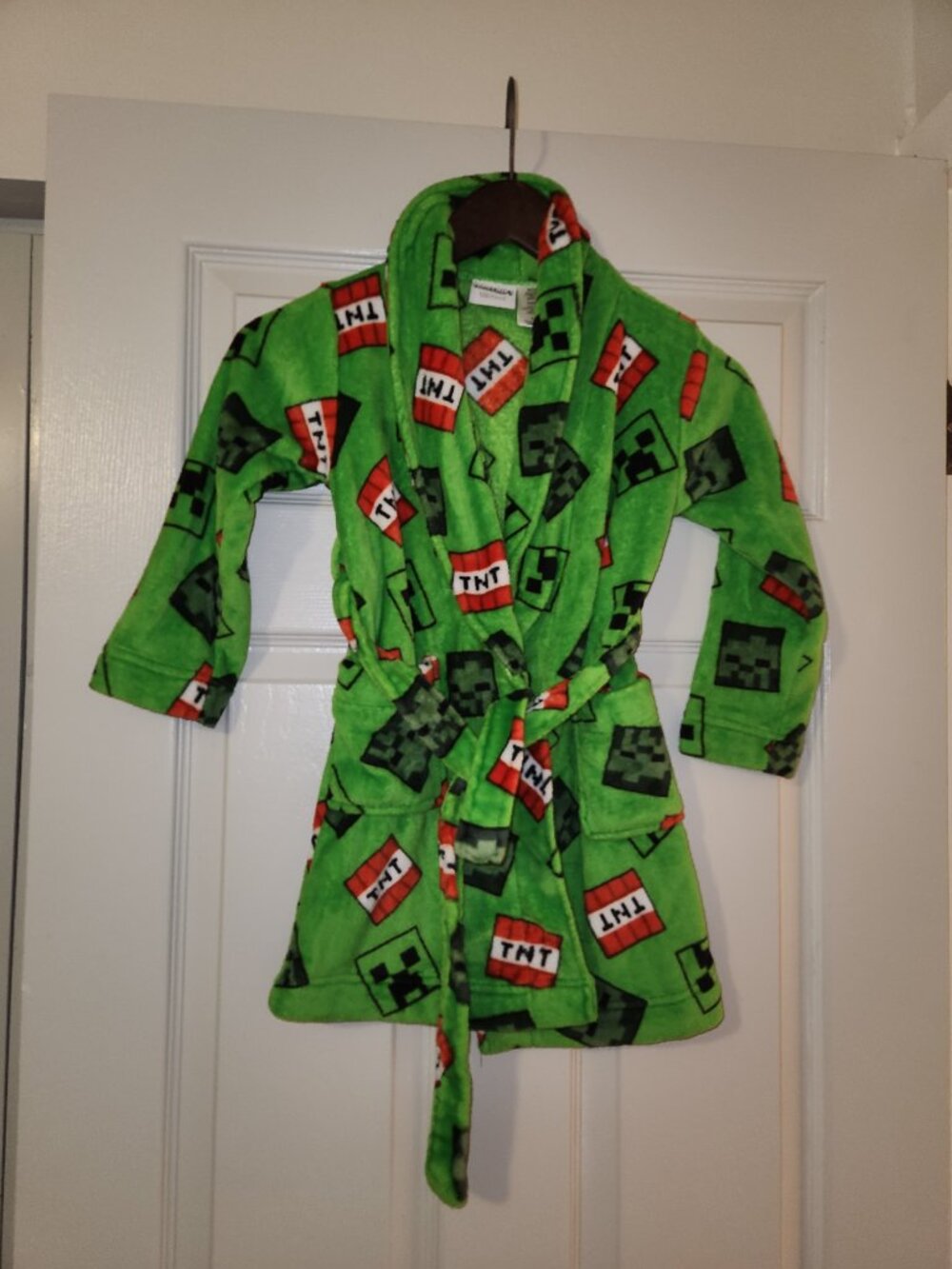 Minecraft Boys Plush Robe Size 4/5 Green Creeper TNT Belt Soft Cozy Bathrobe